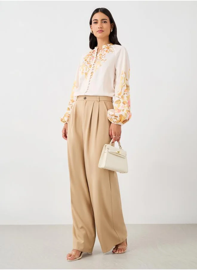 ستايلي Styli Solid Pleated Straight Fit Pants with Belt Loops