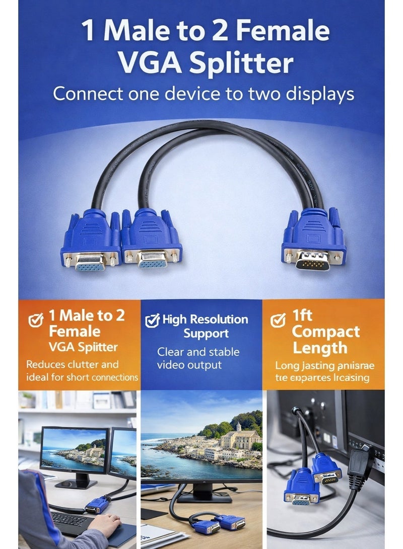 CABLE CONV 1ft VGA Splitter Cable Male to 2 Female Monitor Adapter High Resolution Video Splitter CableConv - Image 2