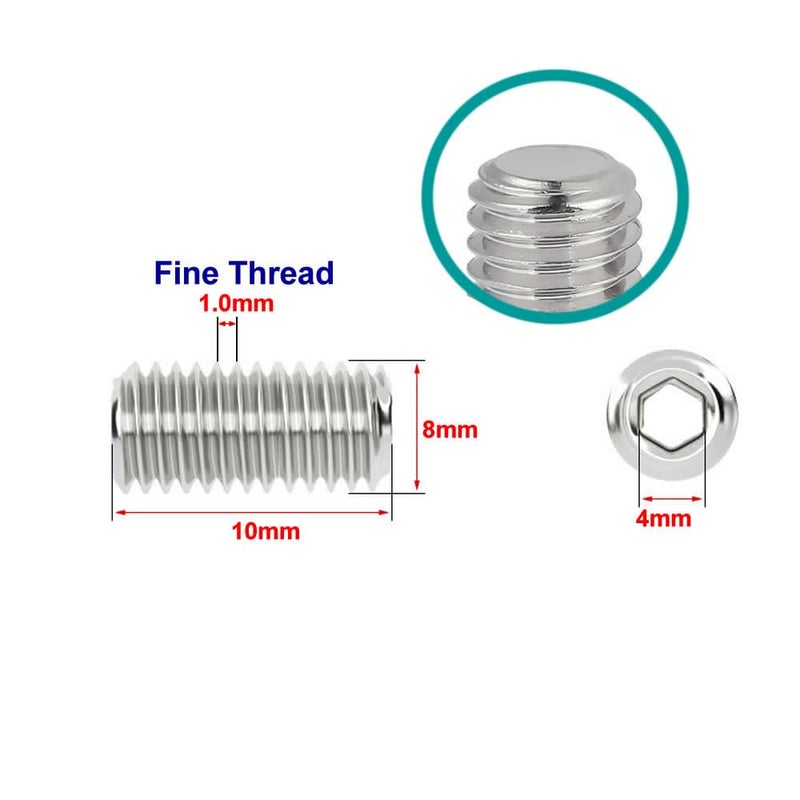 junter Store 30pcs M8-1.0 x 10mm Fine Thread Metric A2 Stainless Steel Flat Point Grub Hex Socket Set Screws Metric DIN913 - Image 2