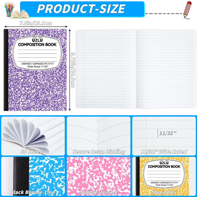 UZLU 24 Pack Large Composition Notebooks Bulk 9.75 x 7.5 in Wide Ruled Composition Books 12 Color Assorted Marble Journal Notebook 60 Sheets per Book for Aldult Student College Office Back to School Supplies - Image 2