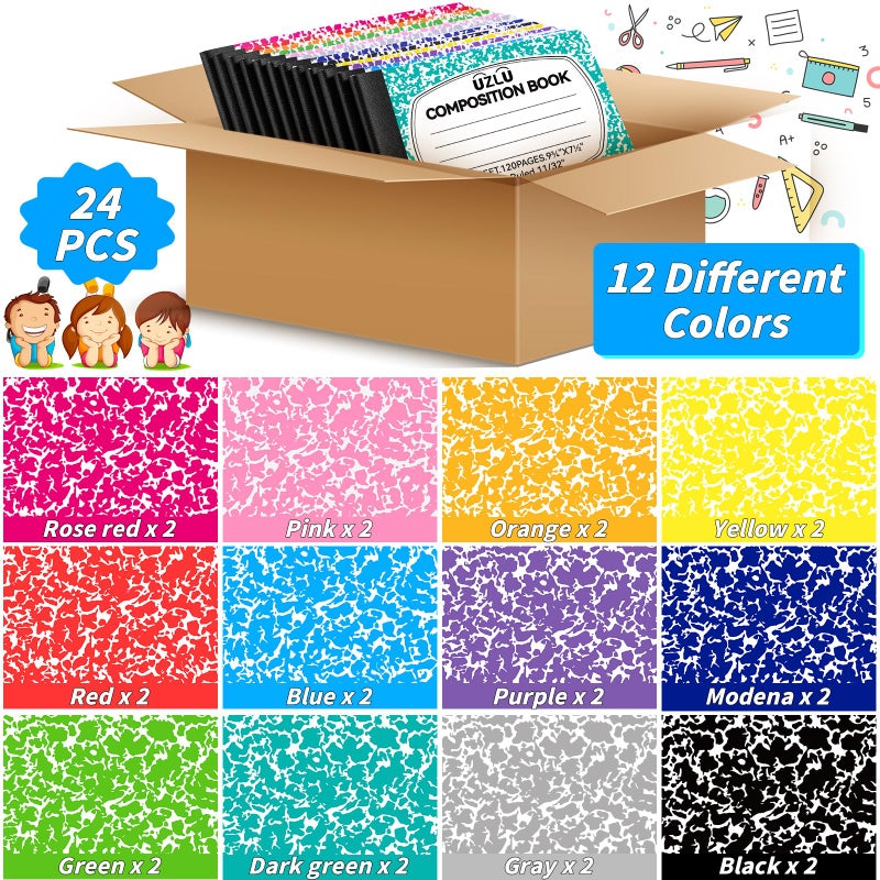 UZLU 24 Pack Large Composition Notebooks Bulk 9.75 x 7.5 in Wide Ruled Composition Books 12 Color Assorted Marble Journal Notebook 60 Sheets per Book for Aldult Student College Office Back to School Supplies - Image 3