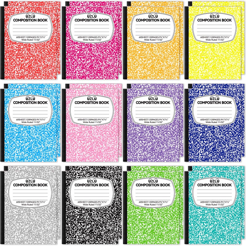 UZLU 24 Pack Large Composition Notebooks Bulk 9.75 x 7.5 in Wide Ruled Composition Books 12 Color Assorted Marble Journal Notebook 60 Sheets per Book for Aldult Student College Office Back to School Supplies - Image 1