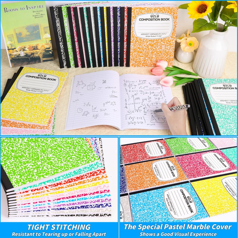 UZLU 24 Pack Large Composition Notebooks Bulk 9.75 x 7.5 in Wide Ruled Composition Books 12 Color Assorted Marble Journal Notebook 60 Sheets per Book for Aldult Student College Office Back to School Supplies - Image 4