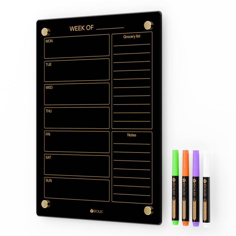 YEOUX Glass Golden Weekly Calendar & Menu Dry Erase Whiteboard for Wall, Meal Planning & Grocery Shopping List Board for Kitchen, 15x11", Daily Planner Notepad for Home, 4 Wet Erase Markers Included, - Image 1