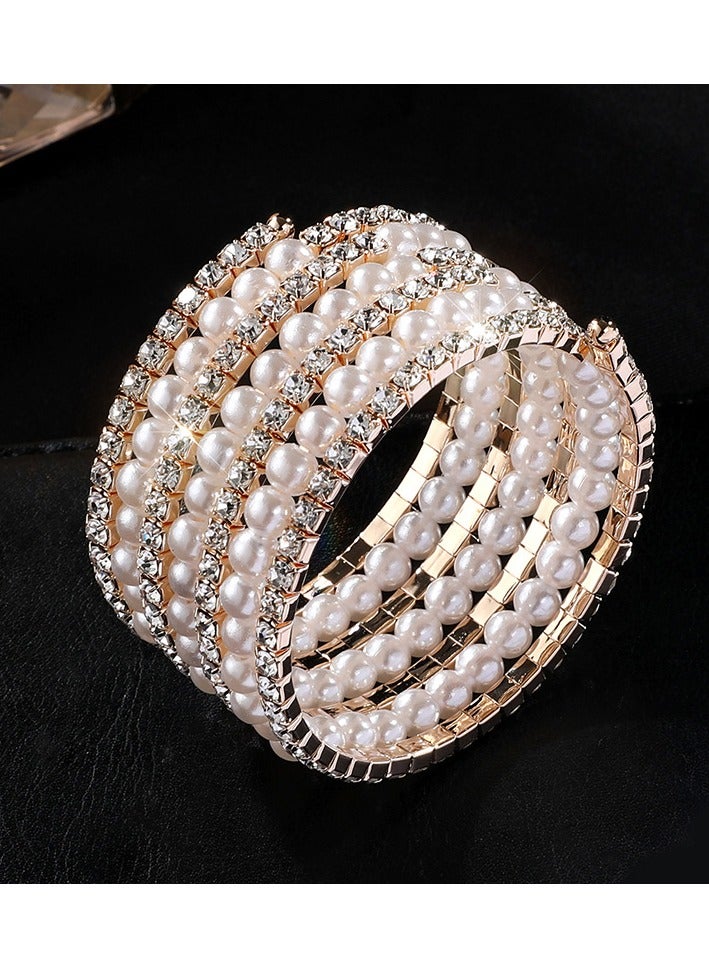 Multi-layered Entwined Pearl Bracelet Bridal Sparkling Diamond Elastic Bracelet Gold + Silver 2pcs - Image 2