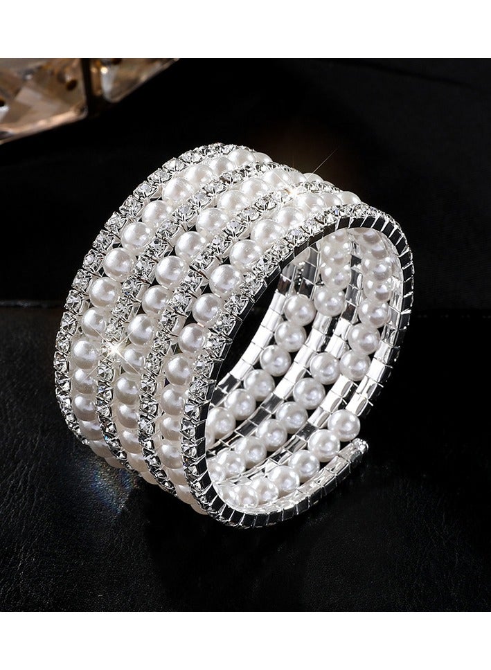 Multi-layered Entwined Pearl Bracelet Bridal Sparkling Diamond Elastic Bracelet Gold + Silver 2pcs - Image 3