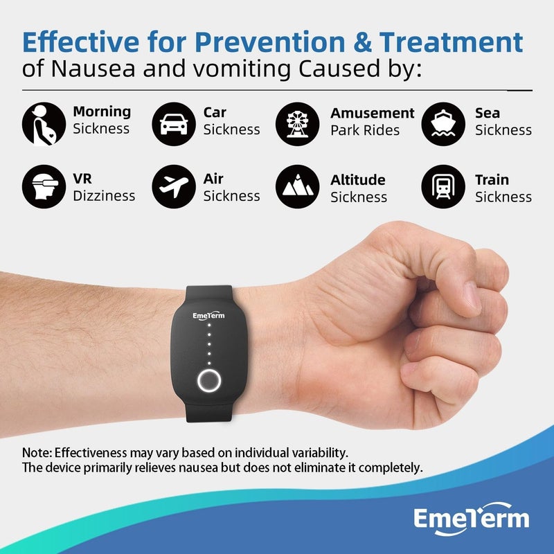 EmeTerm منبه الموضة المعتمد من إدارة الغذاء والدواء لتخفيف الغثيان - جهاز تحفيز كهربائي للغثيان أثناء الحمل ودوار السفر - أساور قابلة لإعادة الشحن بدون جل خالية من الأدوية بدون آثار جانبية - Image 2