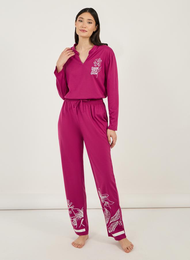 Styli Floral Print Notch Neck Dropped Shoulder T-Shirt & Pyjama Set  - Image 3
