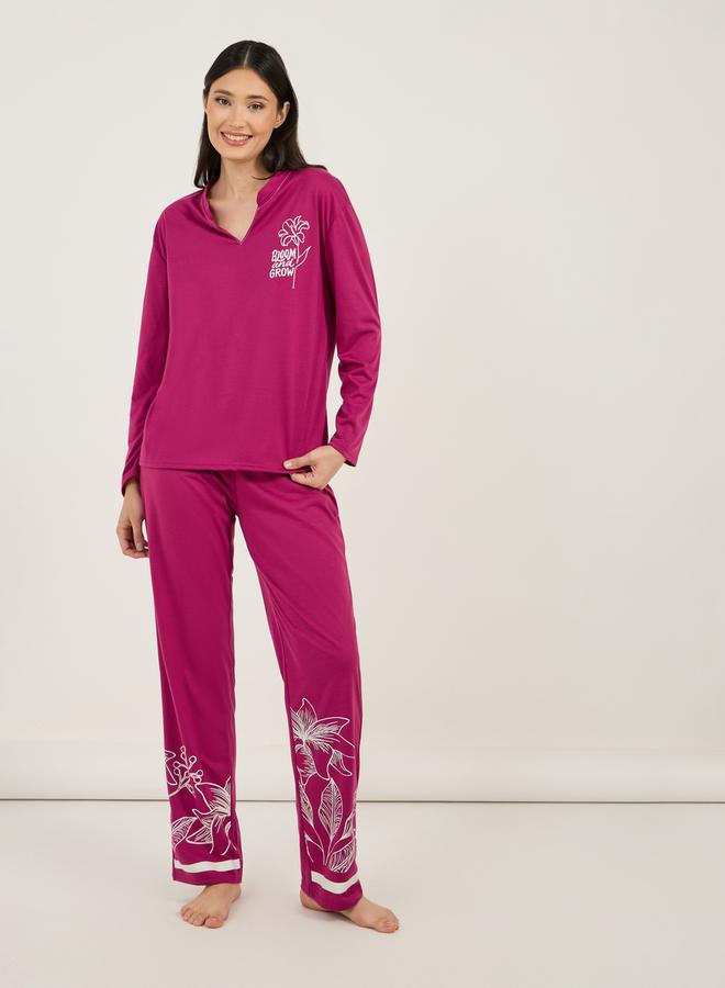 Styli Floral Print Notch Neck Dropped Shoulder T-Shirt & Pyjama Set  - Image 1