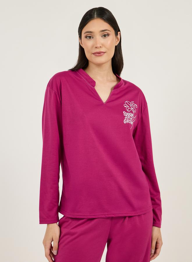 Styli Floral Print Notch Neck Dropped Shoulder T-Shirt & Pyjama Set  - Image 2