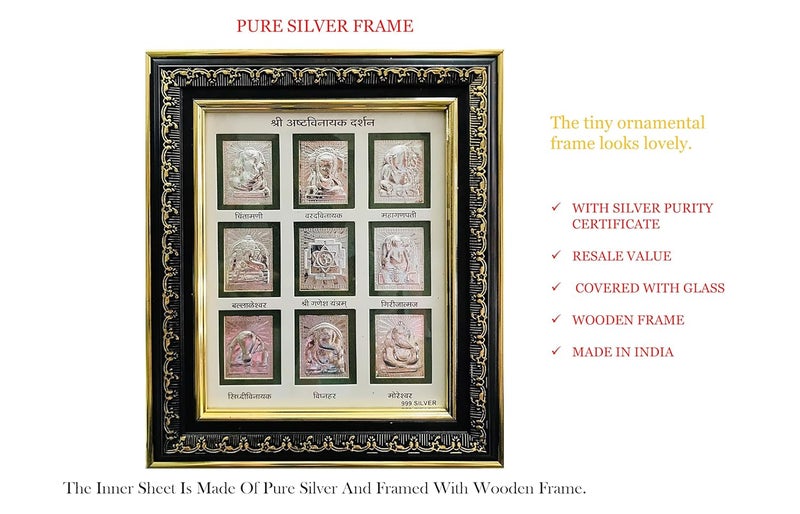 ARTSMINE 999 Pure Silver Ashtavinayak Frame Pooja Room Wedding Corporate Gift Size LH 95 105 Inch Silver Purity Certificate Home Decor Wall Mount - Image 5