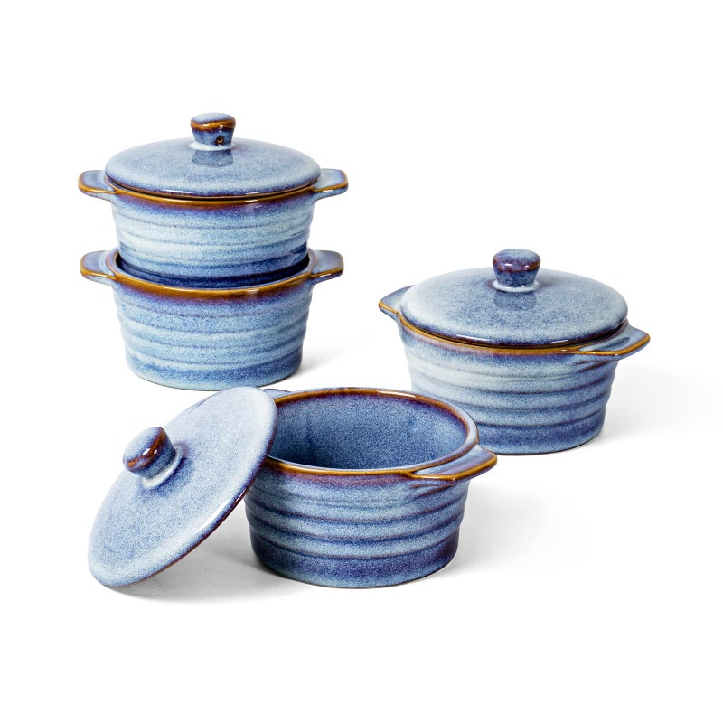 UNICASA 8 oz Ceramic Ramekins with Lid, Mini Casserole Dish with Handles Set of 4, Porcelain Small Baking Dish, Round Small Cocotte Oven Safe, Reactive Glaze (Denim Blue) - Image 1