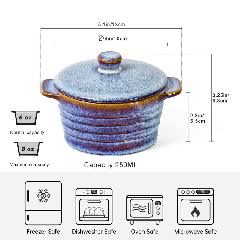 UNICASA 8 oz Ceramic Ramekins with Lid, Mini Casserole Dish with Handles Set of 4, Porcelain Small Baking Dish, Round Small Cocotte Oven Safe, Reactive Glaze (Denim Blue) - Image 2