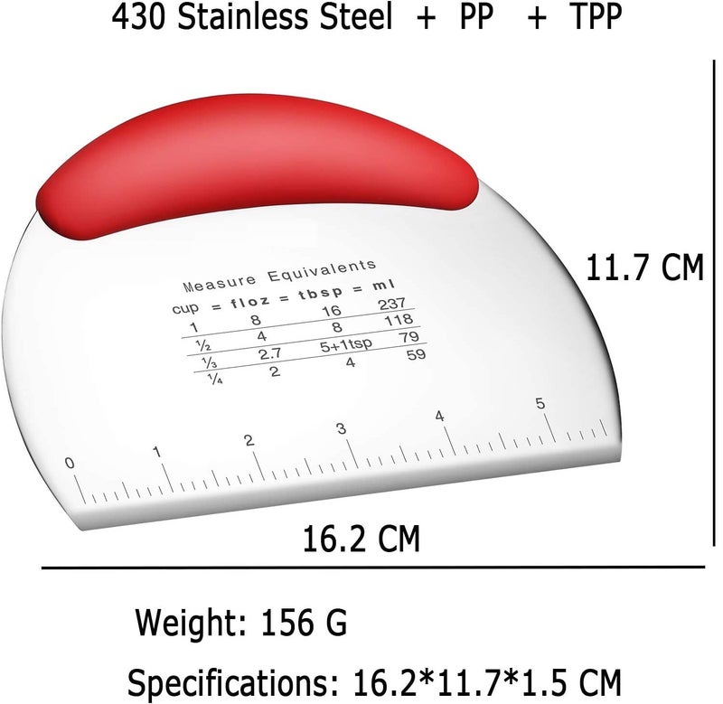 RoarCraft Stainless Steel Scraper Chopper Half Round Scraper with ScalePizza Dough CutterMultiPurpose Dough Scraper with Contoured Grip Bench Scraper Red - Image 5