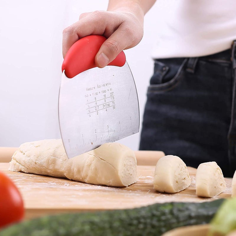 RoarCraft Stainless Steel Scraper Chopper Half Round Scraper with ScalePizza Dough CutterMultiPurpose Dough Scraper with Contoured Grip Bench Scraper Red - Image 4
