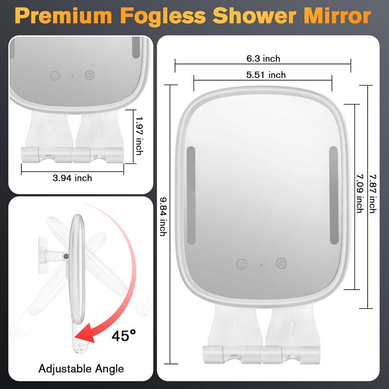 Showvigor Heated Shower Mirror Fogless for Men, Rechargeable Anti-Fog Shaving Mirror No-Drilling -Adjustable Dimmable Lights with 2 Razor Holders & Detachable Suction Cups Waterproof for Bathroom(White) - Image 2
