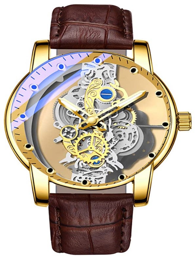 Gosasa Business Men Watch Double Sided Hollow Transparent Analog Display Stainless Steel Quartz Waterproof Creative Male Wrist Watch (Gold S) - Image 1