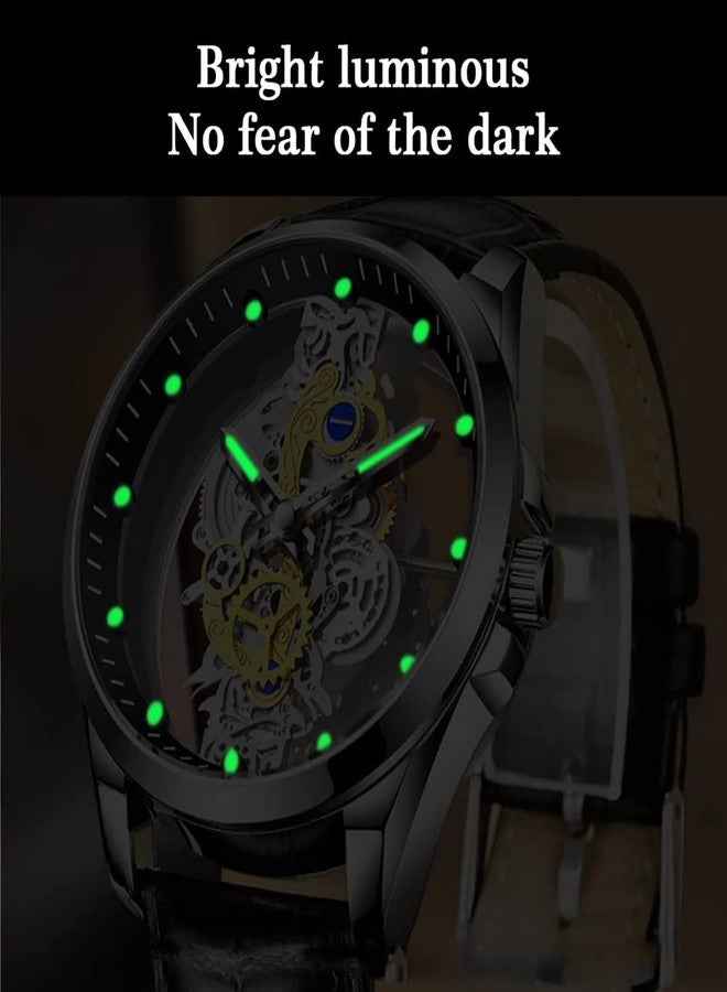 Gosasa Business Men Watch Double Sided Hollow Transparent Analog Display Stainless Steel Quartz Waterproof Creative Male Wrist Watch (Gold S) - Image 4