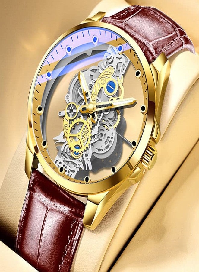 Gosasa Business Men Watch Double Sided Hollow Transparent Analog Display Stainless Steel Quartz Waterproof Creative Male Wrist Watch (Gold S) - Image 2