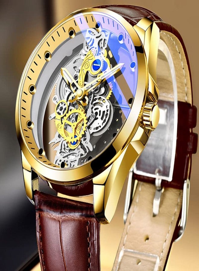 Gosasa Business Men Watch Double Sided Hollow Transparent Analog Display Stainless Steel Quartz Waterproof Creative Male Wrist Watch (Gold S) - Image 3