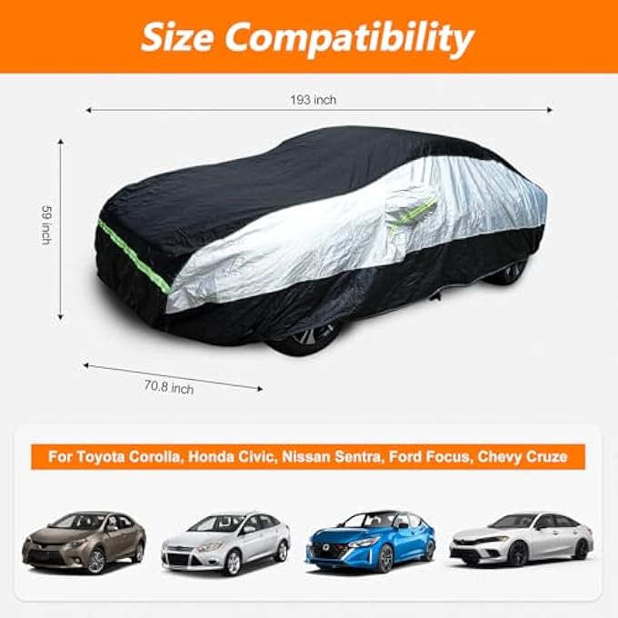 rayihni Universal Sedan Car Cover Fit forToyota Corolla, Honda Civic, Nissan Sentra, Ford Focus, Chevy Cruze,Waterproof All Weather Anti-UV Windproof Snow Protection - Up to 193''(L) - Image 3