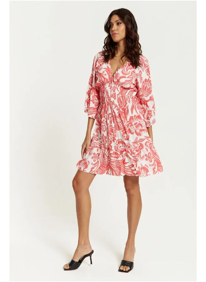 Hoxton Gal Floral Print V-Neck Mini Dress with 3/4 Sleeves in Coral