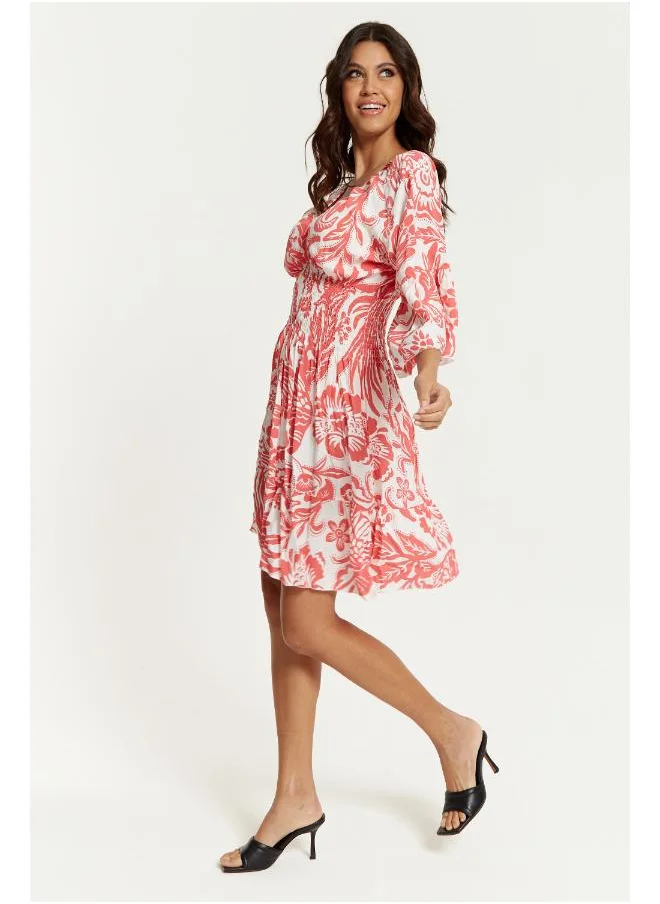 Hoxton Gal Floral Print V-Neck Mini Dress with 3/4 Sleeves in Coral