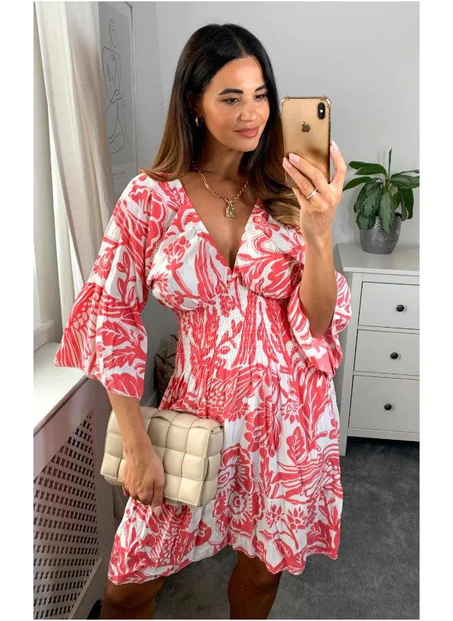 Hoxton Gal Coral & White Floral V‑Neck Mini Dress – Shirred Waist & Oversized Flutter Sleeves