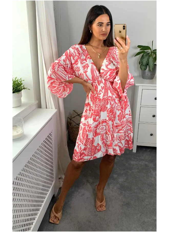 Hoxton Gal Coral & White Floral V‑Neck Mini Dress – Shirred Waist & Oversized Flutter Sleeves