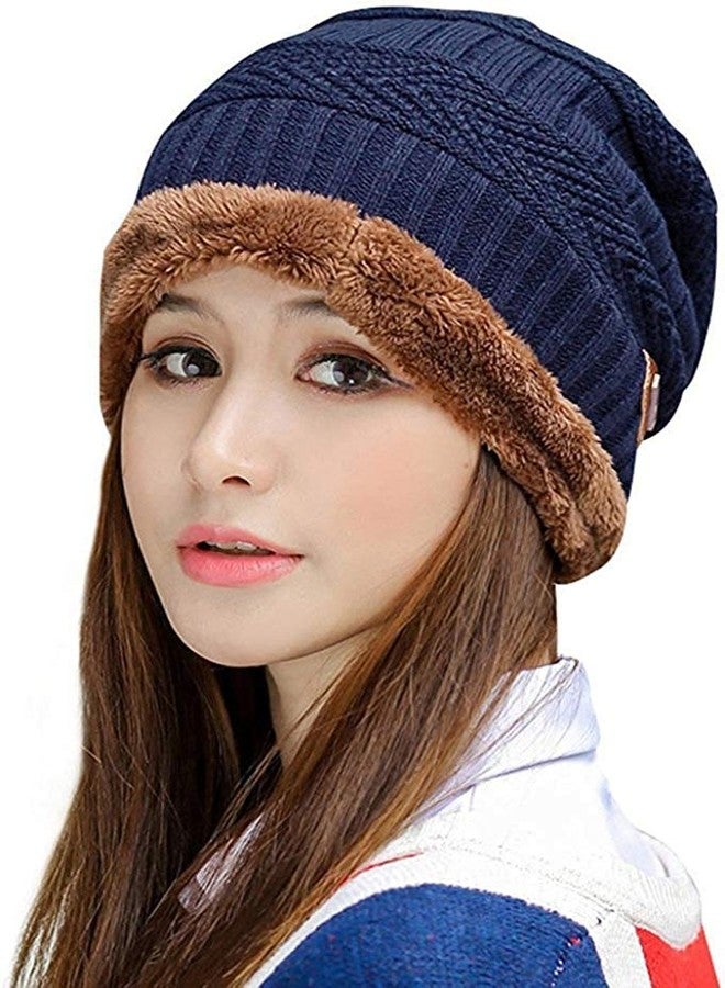 V3E Women's & Girl's Winter Warm Knitted Fur Lined Beanie Cap (Navy Blue & Red)-(Pack of 02) - Image 3