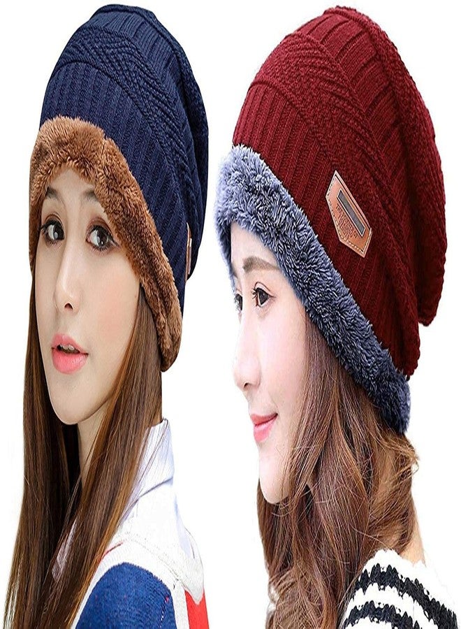 V3E Women's & Girl's Winter Warm Knitted Fur Lined Beanie Cap (Navy Blue & Red)-(Pack of 02) - Image 1