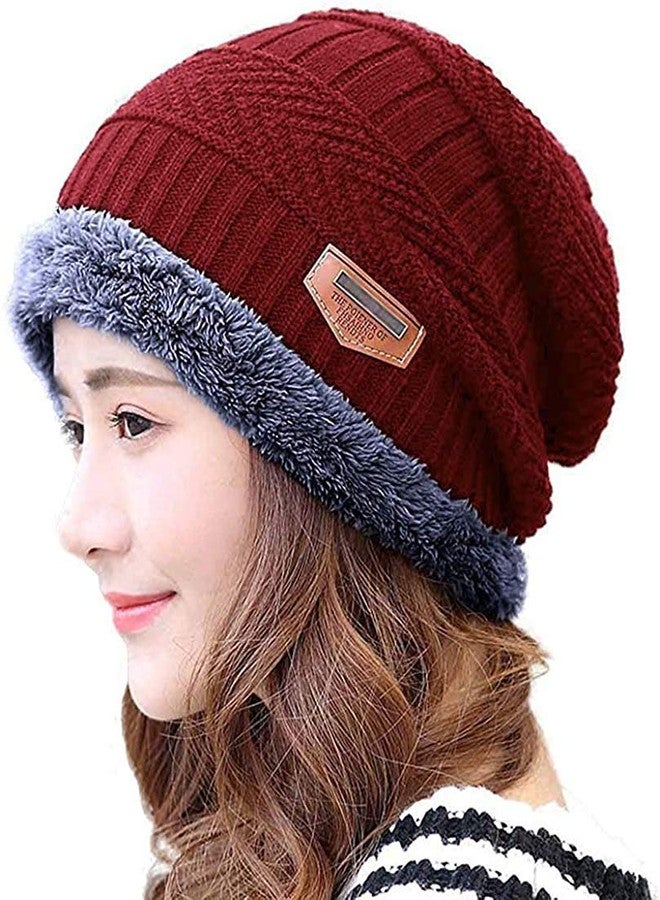 V3E Women's & Girl's Winter Warm Knitted Fur Lined Beanie Cap (Navy Blue & Red)-(Pack of 02) - Image 2