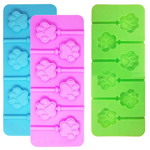 Sonku 3 Pcs 6-Cavity Paw Lollipop Molds,Sonku Silicone Paw Mold Chocolate Hard Candy Jelly Fondant Mold with 18 Pcs Sucker Sticks-Pink,Blue and Green - Image 1