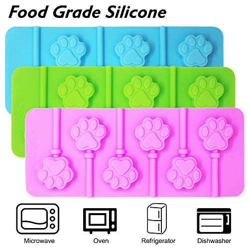 Sonku 3 Pcs 6-Cavity Paw Lollipop Molds,Sonku Silicone Paw Mold Chocolate Hard Candy Jelly Fondant Mold with 18 Pcs Sucker Sticks-Pink,Blue and Green - Image 5