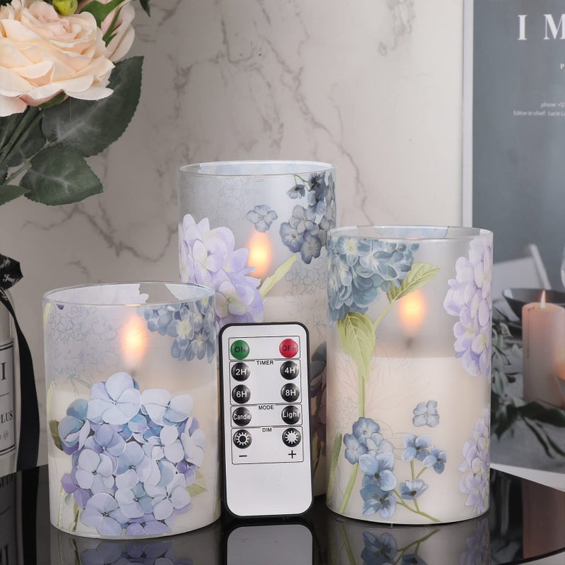 DRomance Hydrangea Glass Flameless Candles with Remote Timer Battery Operated LED Flickering Pillar Candles Real Wax Spring Dinner Christmas Holiday Decor D3 x H4, 5", 6" - Image 1
