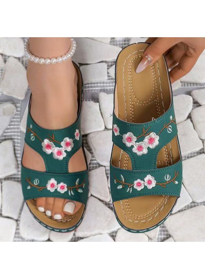 Large Size Women's Embroidered Wedge Slippers, Flat Solid Color Thick-soled Home Slip-on Open-toe Sandals