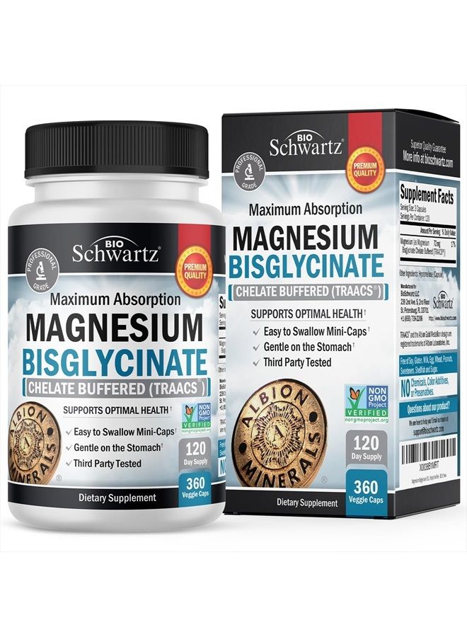 BioSchwartz Magnesium Bisglycinate 100% Chelate No-Laxative Effect - Maximum Absorption & Bioavailability, Fully Reacted & Buffered - Healthy Energy Muscle Bone & Joint Support - Non-GMO Project Verified - 360 ct - Image 1