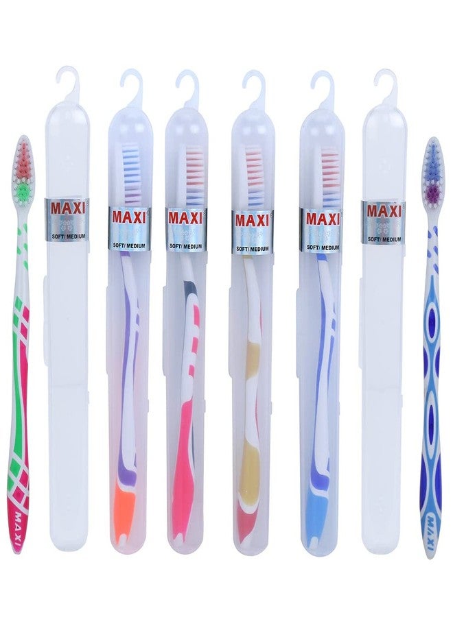 MAXI Adult For You Soft Travel Manual Toothbrush, With Anti-Bacterial Container, Easy To Carry, Multicolor (Pack Of 6) - Image 1