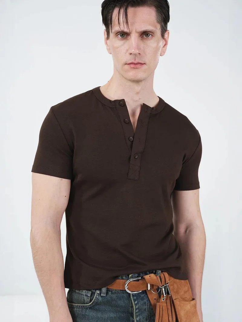 جيستو GIESTO Slim Fit Crew Neck Cotton T-Shirt with Button Detail