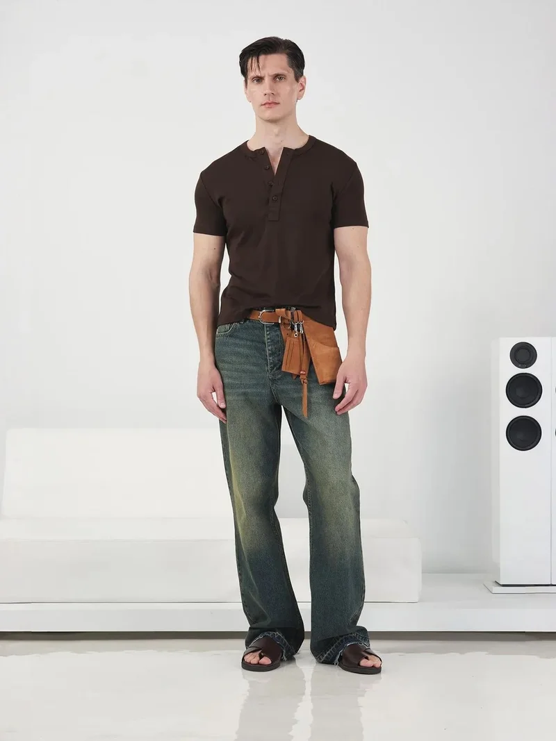 جيستو GIESTO Slim Fit Crew Neck Cotton T-Shirt with Button Detail