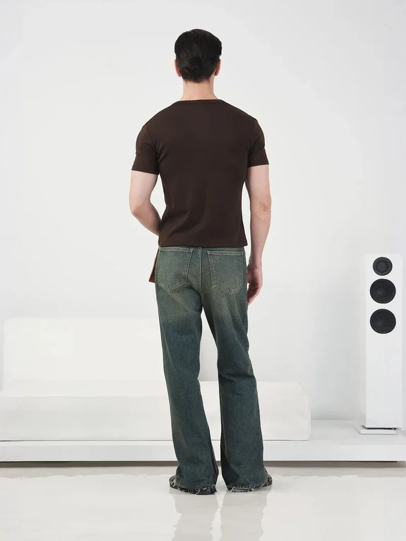 Giesto Beaver Brown GIESTO Slim Fit Crew Neck Cotton T-Shirt with Button Detail for Men | Best Price UAE