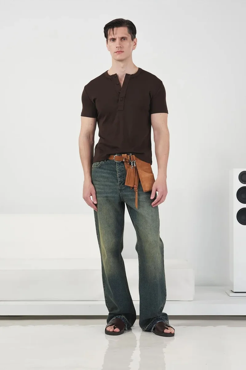 GIESTO Slim Fit Crew Neck Cotton T-Shirt with Button Detail