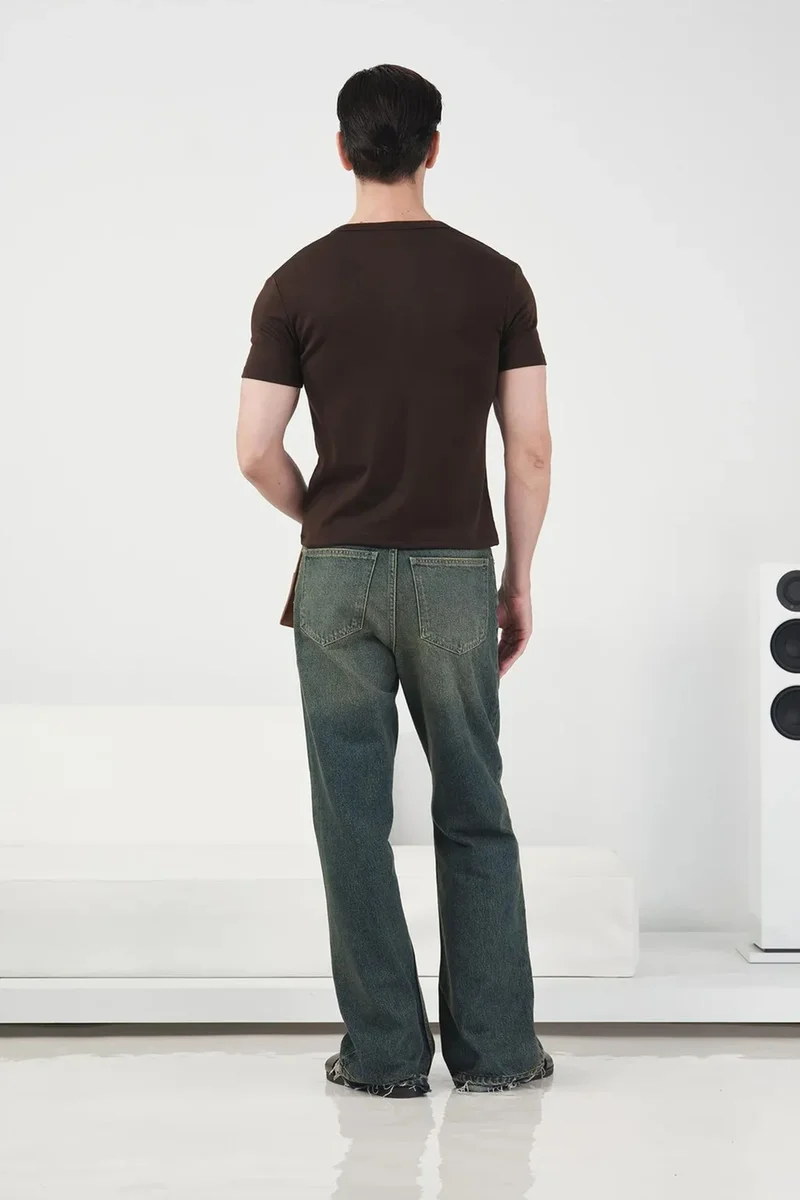Giesto Beaver Brown GIESTO Slim Fit Crew Neck Cotton T-Shirt with Button Detail for Men | Best Price UAE
