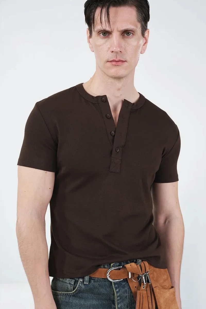 Giesto Beaver Brown GIESTO Slim Fit Crew Neck Cotton T-Shirt with Button Detail for Men | Best Price UAE