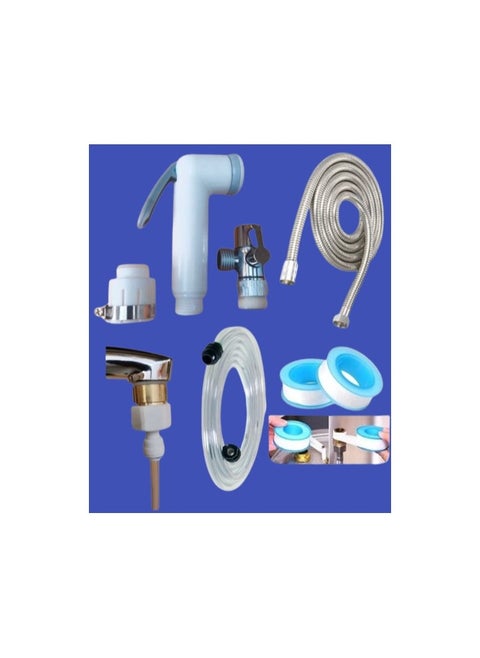 A bathroom bidet consisting of a 1.5 meter nickel hose, a thermal hose and a 2 meter 6 mm hose with a travel adapter, Teflon adapter, and a rubber adapter.