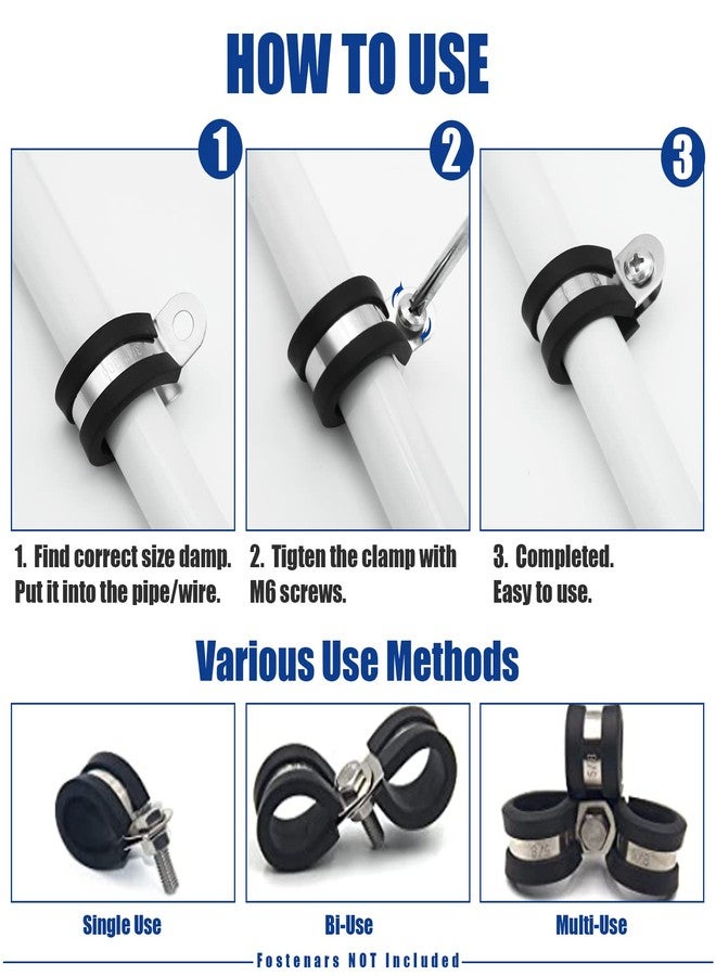 JROUTH 106PCS Cable Clamps Assortment Kit, (6-19mm)-304 Stainless Steel Rubber Coated Cushioned Insulated Pipe Clamp, Loop Clamp, Automotive Wire Clamps in 6 Sizes（1/4" 5/16" 3/8" 1/2" 5/8" 3/4"） - Image 4