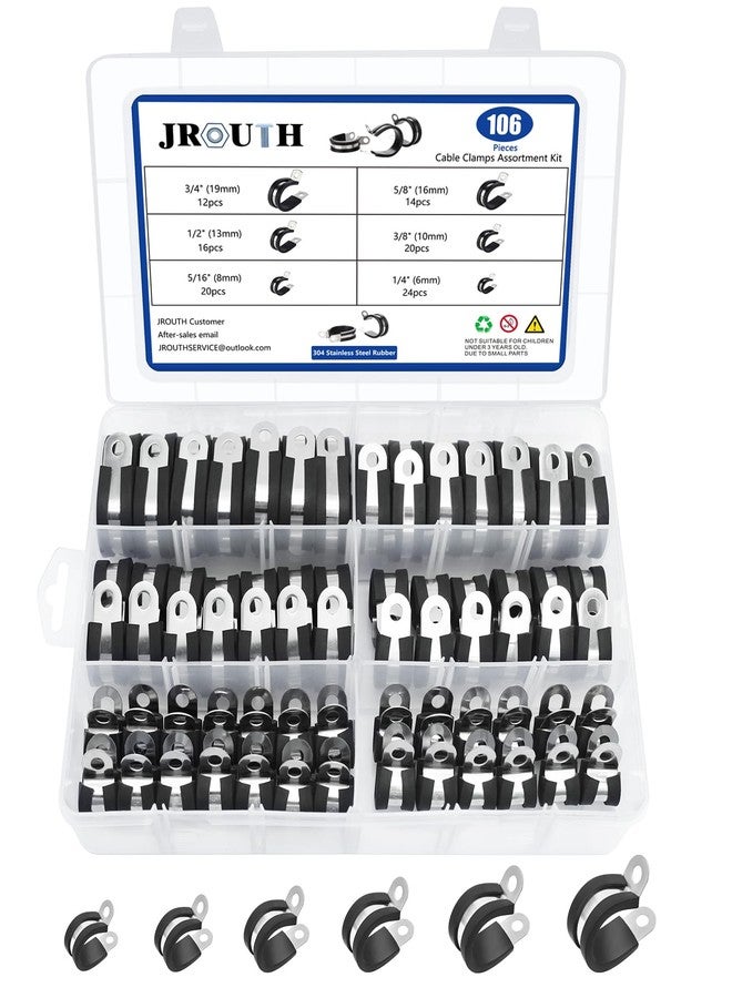 JROUTH 106PCS Cable Clamps Assortment Kit, (6-19mm)-304 Stainless Steel Rubber Coated Cushioned Insulated Pipe Clamp, Loop Clamp, Automotive Wire Clamps in 6 Sizes（1/4" 5/16" 3/8" 1/2" 5/8" 3/4"） - Image 1