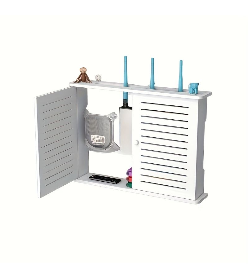 Modern White Double Door Storage Cabinet with Window and Open Shelf Space Saving Wall Mounted Durable Plastic Shelving Unit Suitable for Routers Decorative Box and Devices Indoor Outdoor Use Ideal for Office Apartment - Image 2
