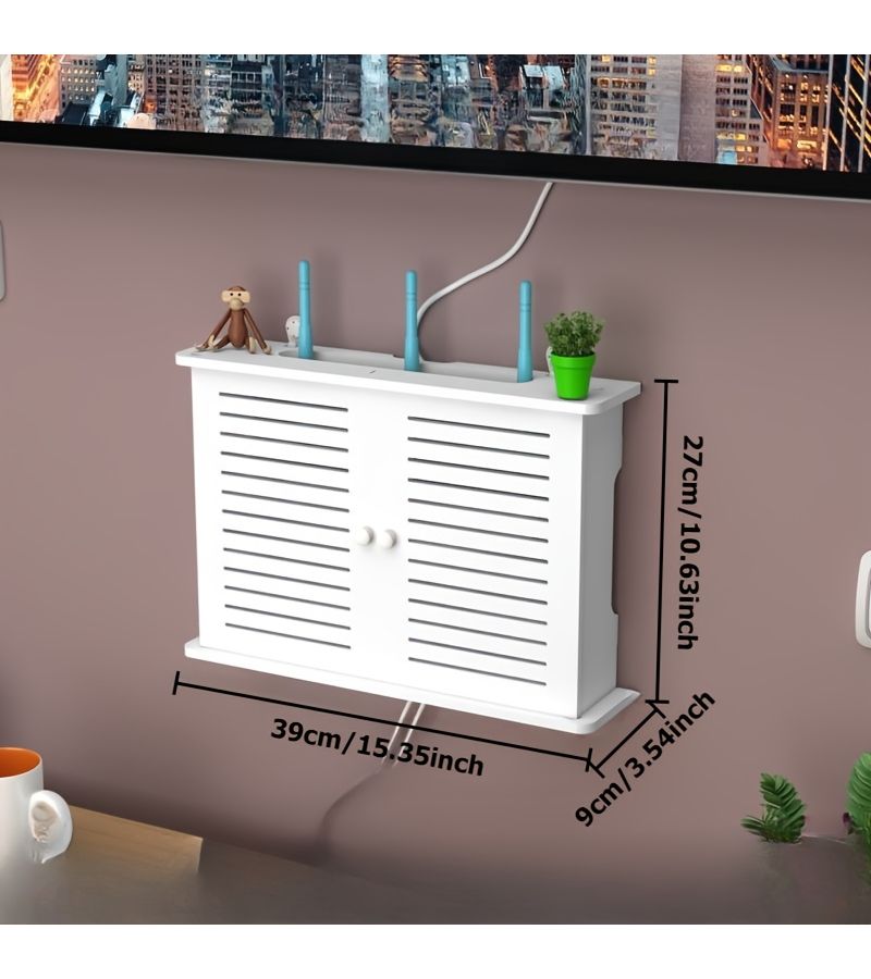 Modern White Double Door Storage Cabinet with Window and Open Shelf Space Saving Wall Mounted Durable Plastic Shelving Unit Suitable for Routers Decorative Box and Devices Indoor Outdoor Use Ideal for Office Apartment - Image 4