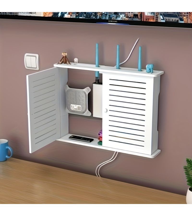 Modern White Double Door Storage Cabinet with Window and Open Shelf Space Saving Wall Mounted Durable Plastic Shelving Unit Suitable for Routers Decorative Box and Devices Indoor Outdoor Use Ideal for Office Apartment - Image 1